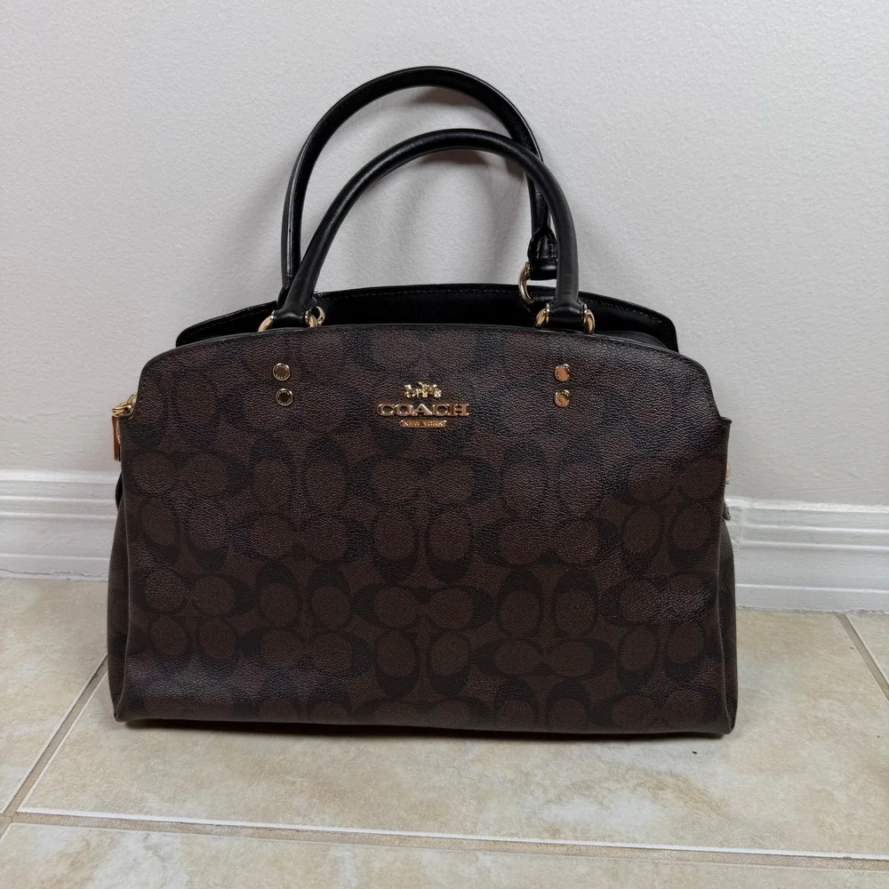 Coach Lillie Carryall Brown Black Signature Monogram Canvas Satchel F2177-91495